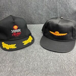 Vintage 90s SHELL Oil Company Racing Black SnapBack NASCAR Checker Set Of 2